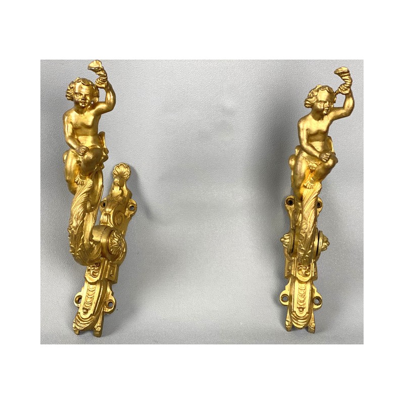 Paire De Poignées De Porte Tirette Vintage - Laiton Bronze - Art Déco - 8 Pouces