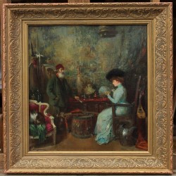 Henry JACQUIER (1878-1921), L'antiquaire, la cliente à l'éventail et le chat