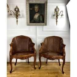 Pair Of Louis XV Style Double Cane Walnut Armchairs