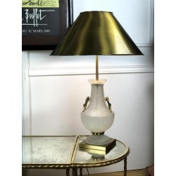 Maison Charles (signed), glass lamp and gilt bronze frame, brass shade